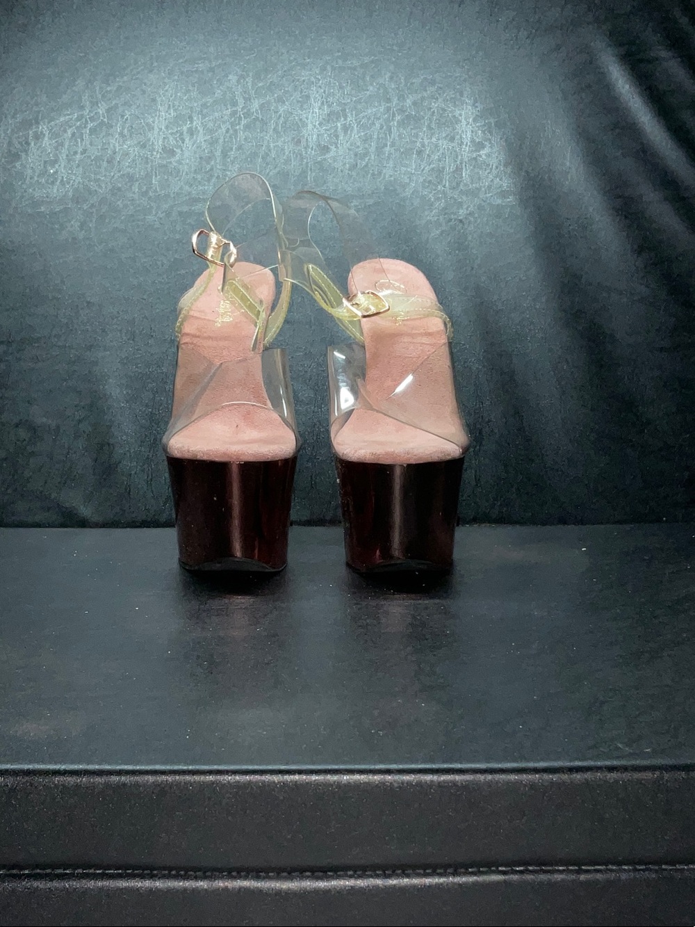 Pleaser Clear Strap Platform Heels with Pink Insole and Gold Buckle
